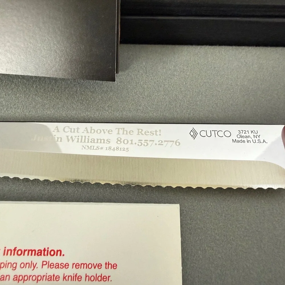 Cutco 3721 KU Santoku Red Classic Handle Serrated USA Realtor Engraving